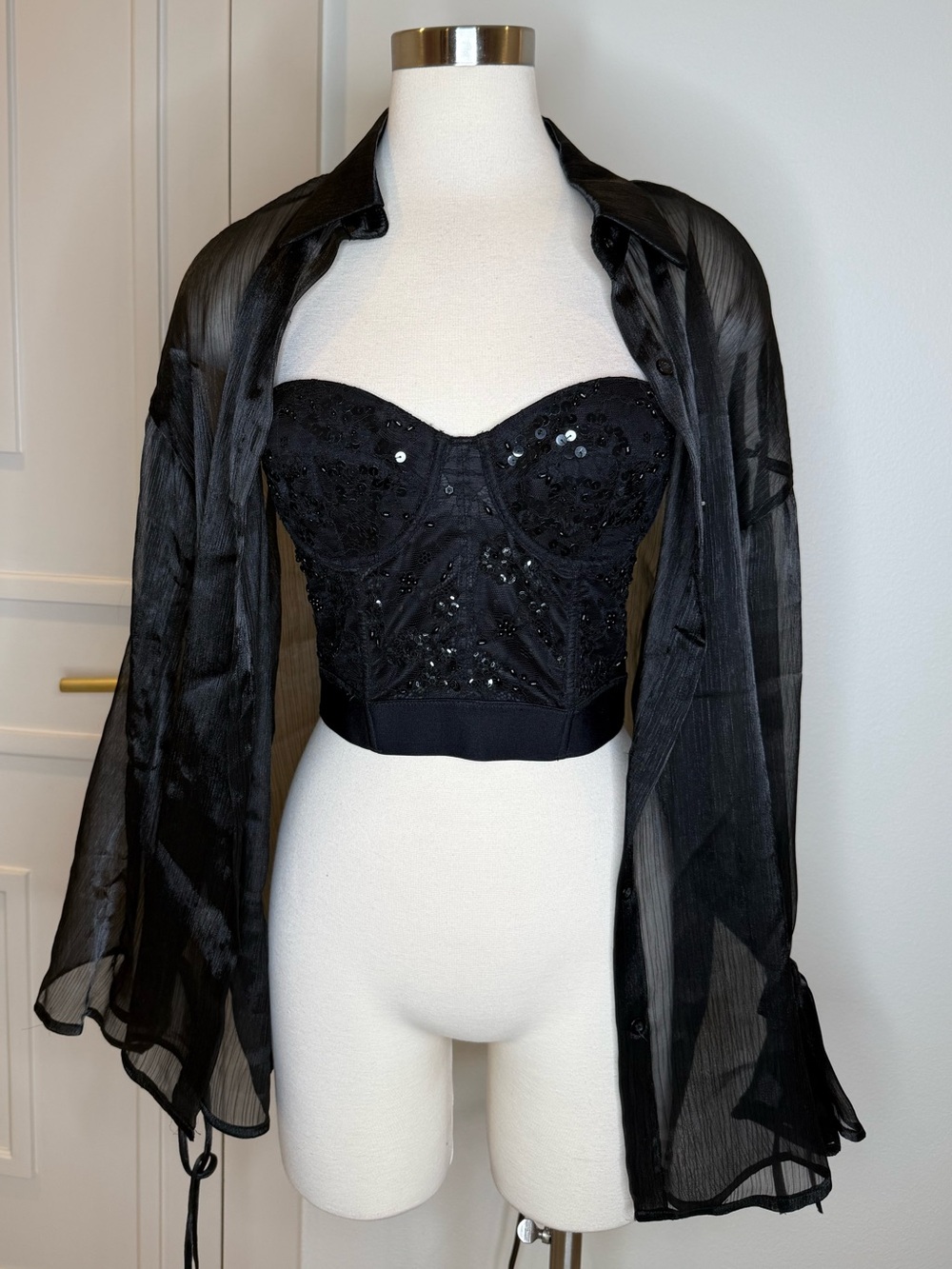 Black Sequin Bustier Crop Top